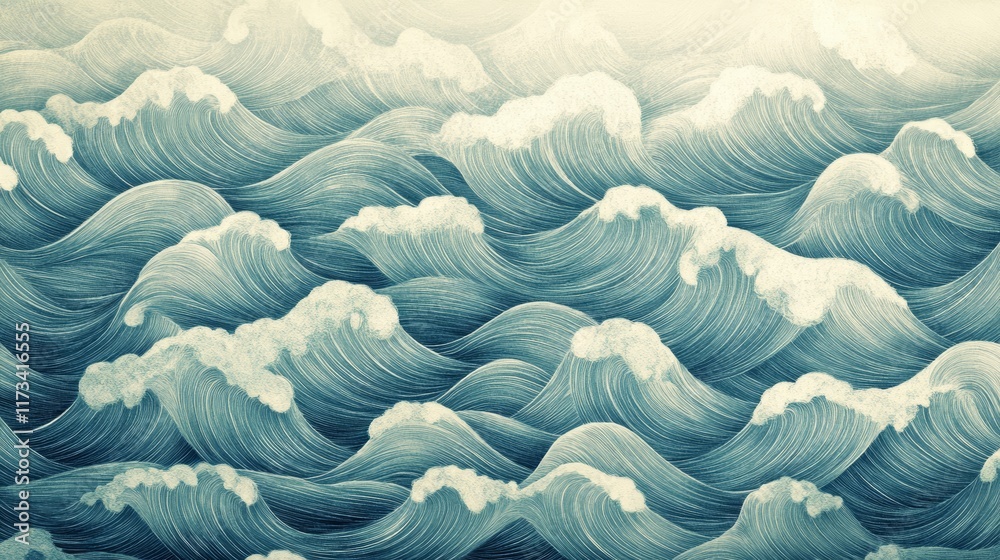 Fototapeta premium Artistic depiction of ocean waves with textured brush strokes in blue and white, creating a dynamic and abstract seascape.