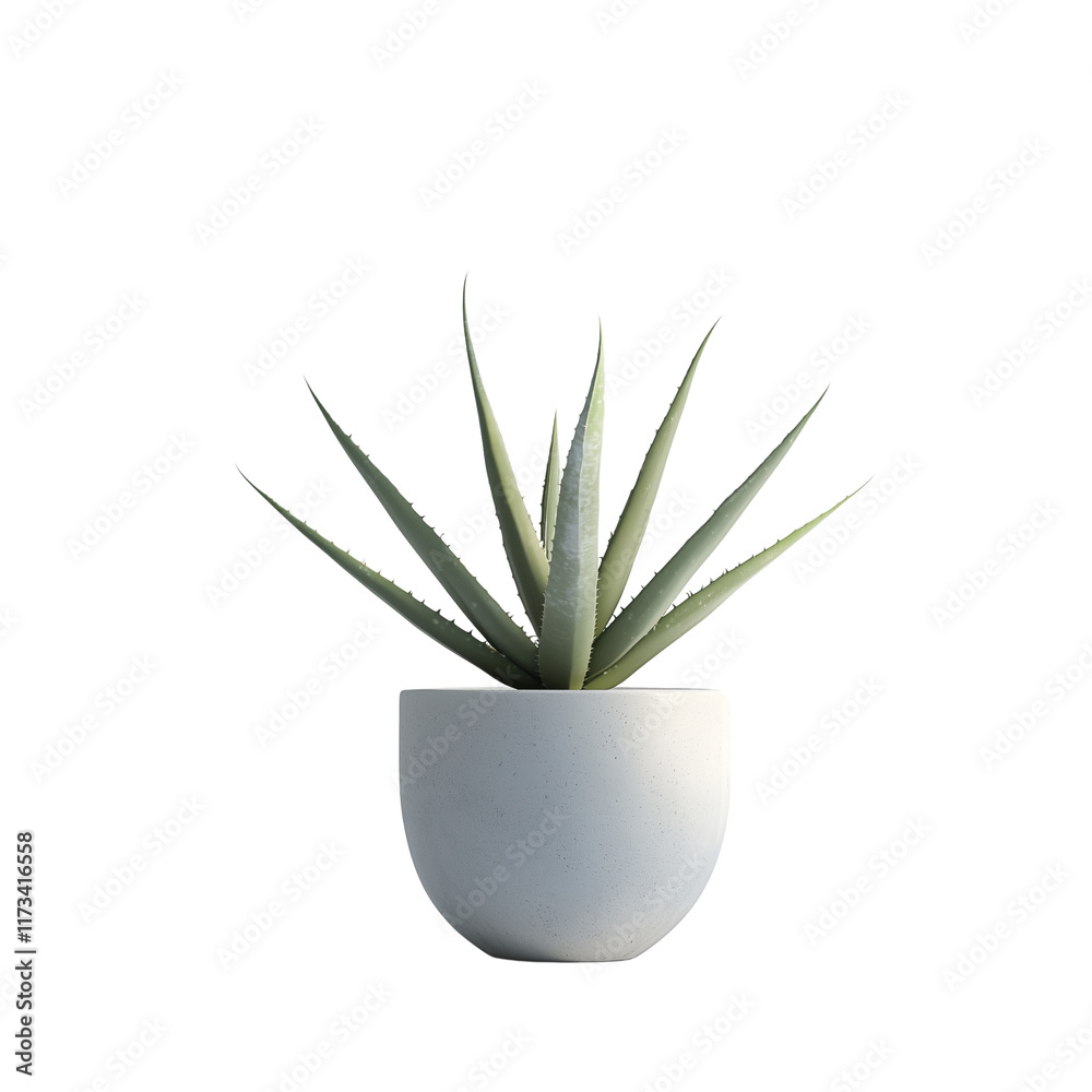 A potted Aloe Vera succulent plant with sharp, elongated leaves in a minimalist white pot isolated on white background and transparent background A potted Aloe Vera succulent plant with sharp, elongated leaves in a minimalist white pot isolated on white background and transparent background