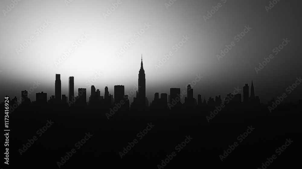 Fototapeta premium Stunning monochrome silhouette of New York City skyline at sunrise, highlighting iconic skyscrapers against a bright horizon.