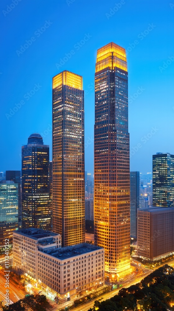 Fototapeta premium Skyscraper Lights at Dusk Urban Landscape Ultra HD Imagery Night View Copy Space Text