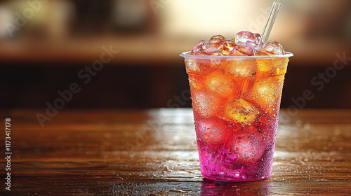 Iced mixed drink in plastic cup on bar counter with blurred background
