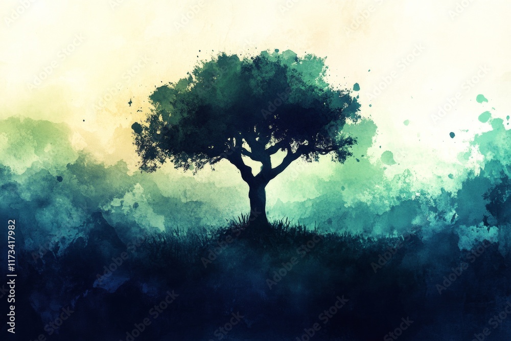 Majestic Tree in a Watercolor Landscape Majestic Tree in a Watercolor Landscape