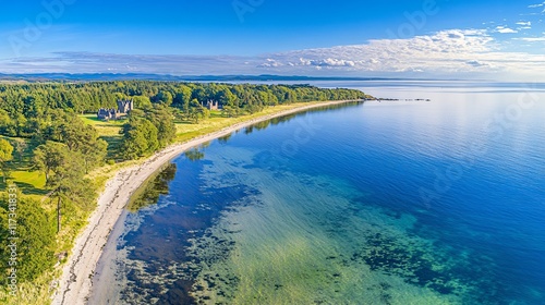 Aerial View Coastal Castle Ruins Beach Ocean Scotland