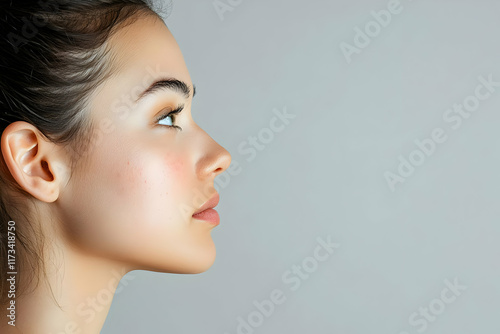 Side profile of a woman with clear, blemish-free skin, set against a light grey background.