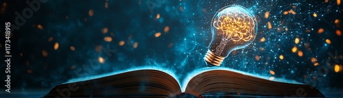 A futuristic lightbulb with digital AI symbols and a brain emerging from an open book, representing the role of artificial intelligence in scientific advancements