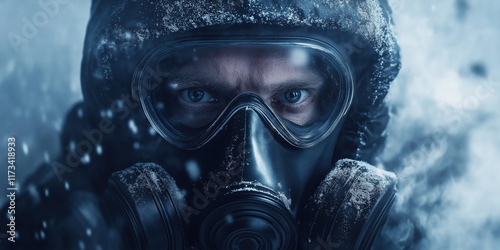 A man wearing a black suit and a gas mask is the main focus of the image. The man's face is obscured by the mask, giving the impression of a mysterious or dangerous character