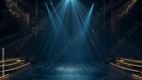 Dark blue stage with golden spotlight lines and glitter texture for award ceremony design. Realistic 3d abstract premium elegant glamour background template for anniversary or winner rewarding.