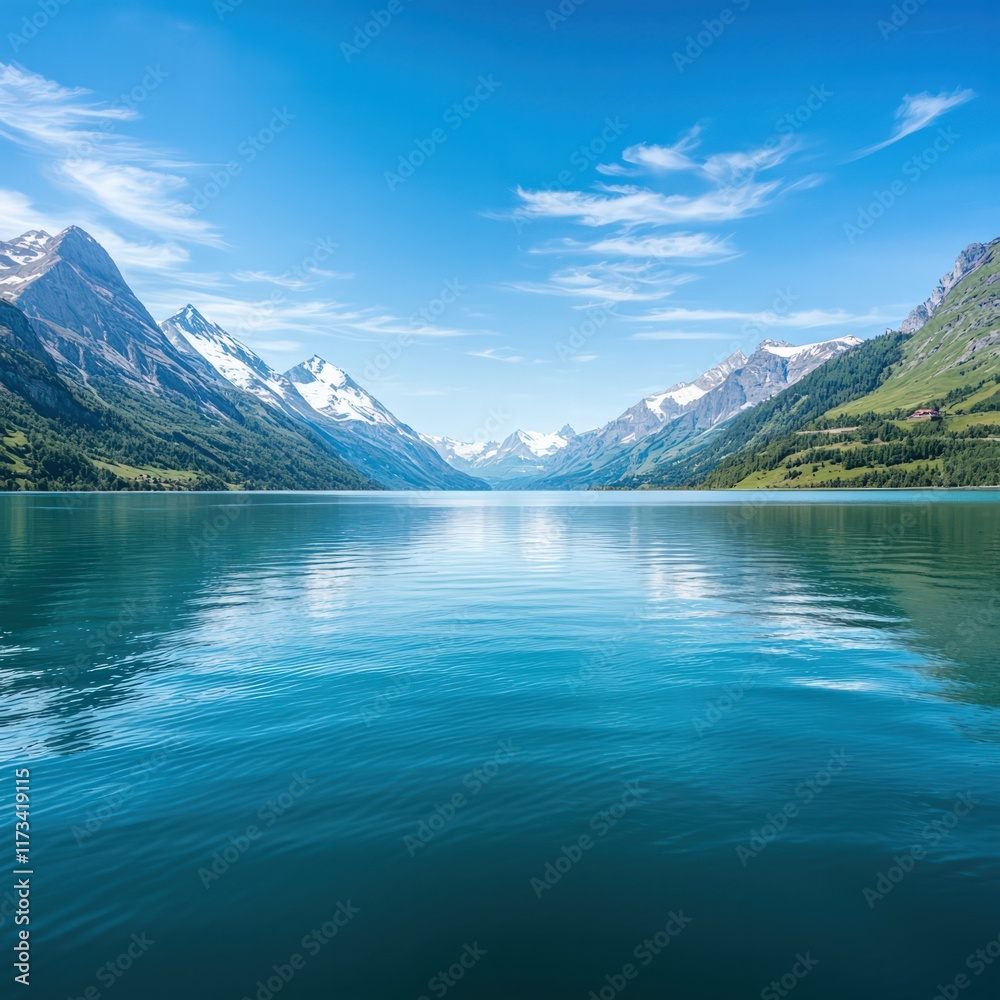 Fototapeta premium A breathtaking mountain lake scene with clear blue water, surrounded by majestic peaks and a bright sky, reflecting tranquility and natural beauty.