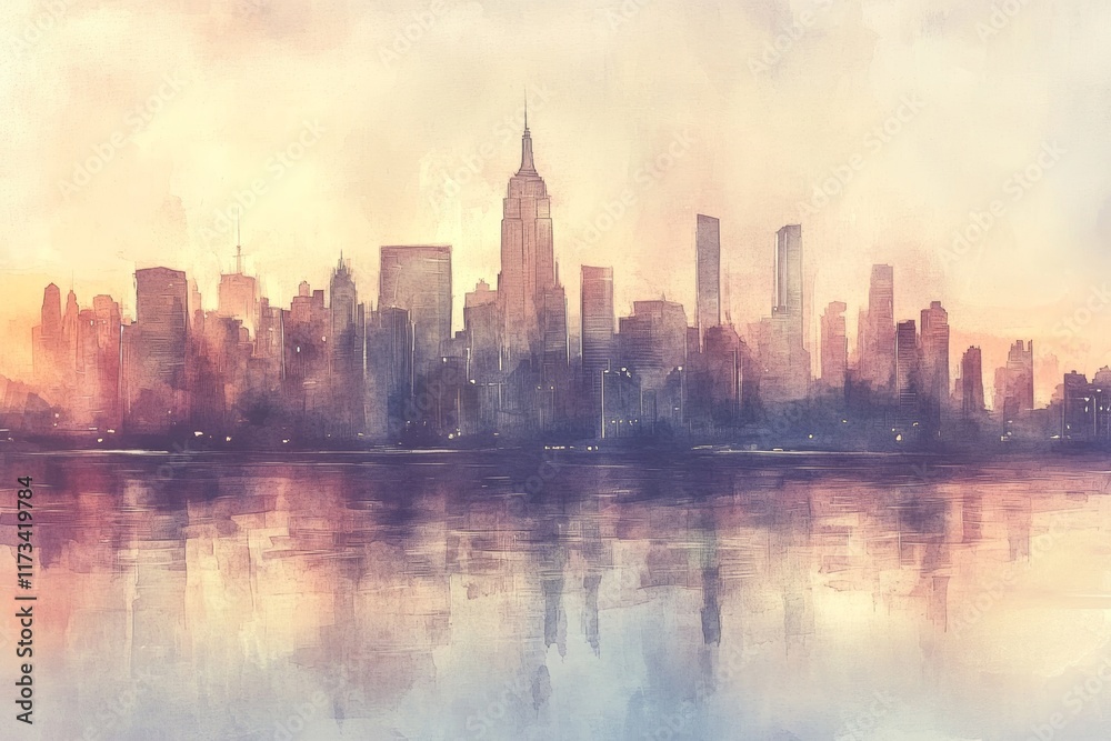 Fototapeta premium A tranquil urban skyline at dusk featuring soft reflections on water. The scene captures the essence of city life with a dreamy artistic touch, evoking peace.