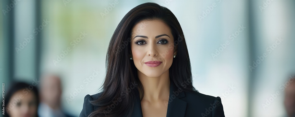 A confident woman in a professional setting, poised and ready to engage, with a backdrop of colleagues in a business environment. A confident woman in a professional setting, poised and ready to engage, with a backdrop of colleagues in a business environment.