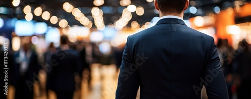 Wallpaper Mural A man in a suit stands with his back to a bustling event filled with soft lights and blurred figures, suggesting a professional or networking atmosphere. Torontodigital.ca