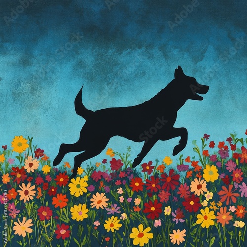 A playful dog silhouette jumps through a field of colorful wildflowers with a striking blue sky backdrop, capturing the essence of joy and freedom.