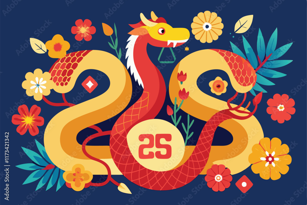 Festive Dragon Design With Floral Motifs and Number Twenty-Five on Dark Background. chinese new year dragon, new year dragon, chinese new snake. Vector Illustration. Festive Dragon Design With Floral Motifs and Number Twenty-Five on Dark Background. chinese new year dragon, new year dragon, chinese new snake. Vector Illustration.