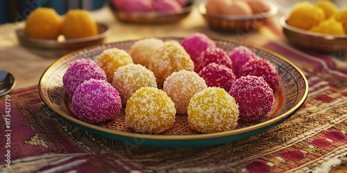 A delightful plate of colorful ladoos and tilgul, traditionally presented on a woven mat, perfect for festive occasions, blogs, or culinary websites.  photo