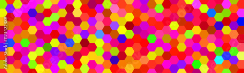 A vibrant and colorful hexagonal pattern composed of various hues. This abstract design creates a visually stimulating and dynamic effect.