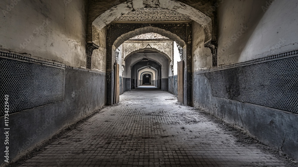 Fototapeta premium Mysterious Abandoned Corridor Archway Ancient Building Ruin