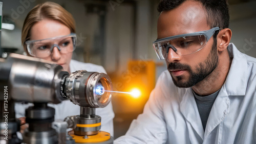 Fusion Energy and Laser Experiments Concept, Scientists operating futuristic laser system in laboratory setting