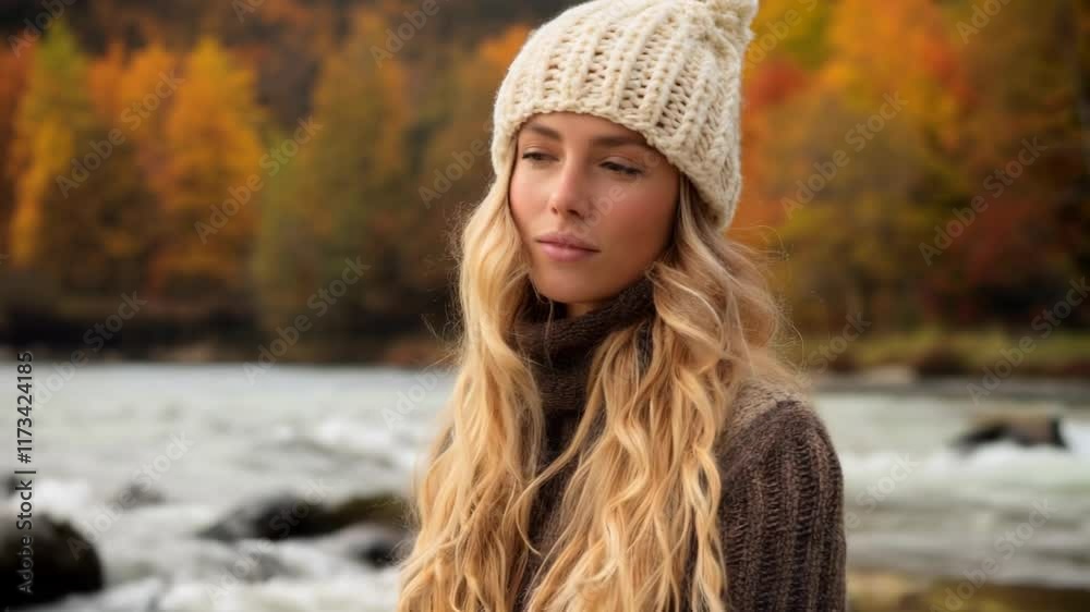 Woman wearing white knit beanie and brown sweater with autumn foliage background. Fashion and lifestyle content Woman wearing white knit beanie and brown sweater with autumn foliage background. Fashion and lifestyle content