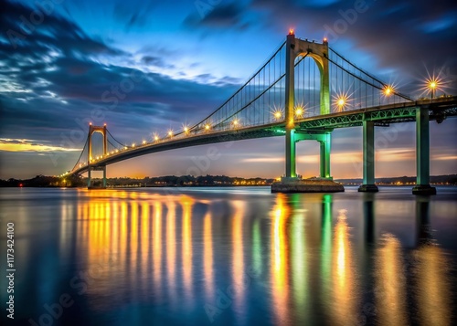 Newport Pell Bridge Night Photography: Jamestown Rhode Island Coastal Landmark at Dusk photo