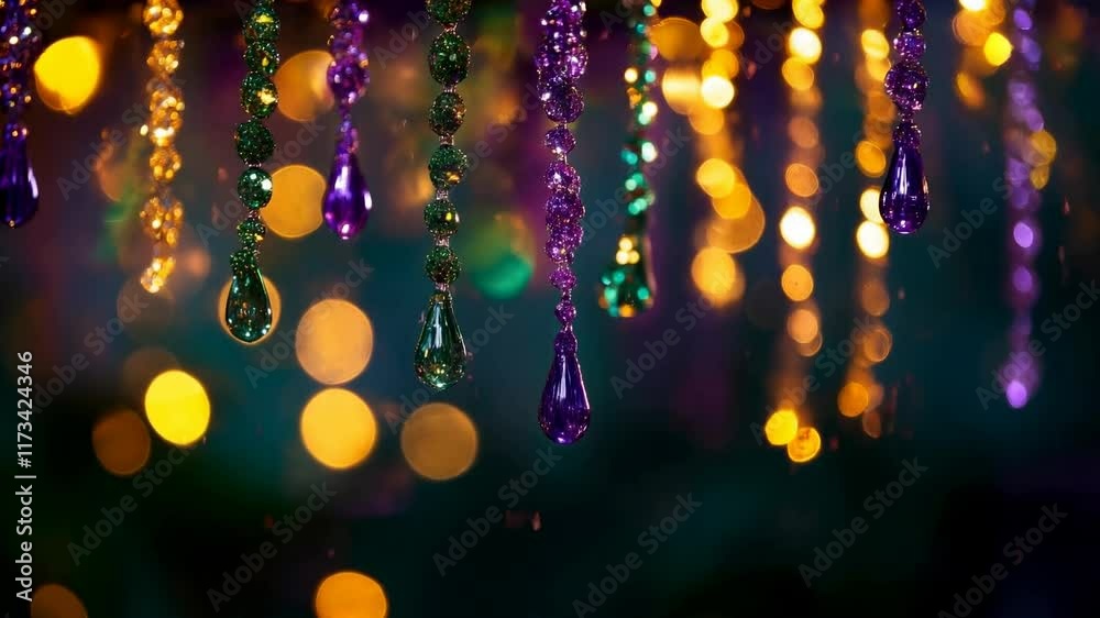 Mardi gras beads and decorations with purple and green lights bokeh effect. Holiday celebration content