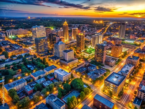 Night Aerial View of Hamilton, Ontario Downtown Skyline - Cityscape Stock Photo