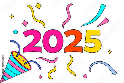 Happy New Year 2025! Colorful Party Popper Design - Festive Celebration Illustration.