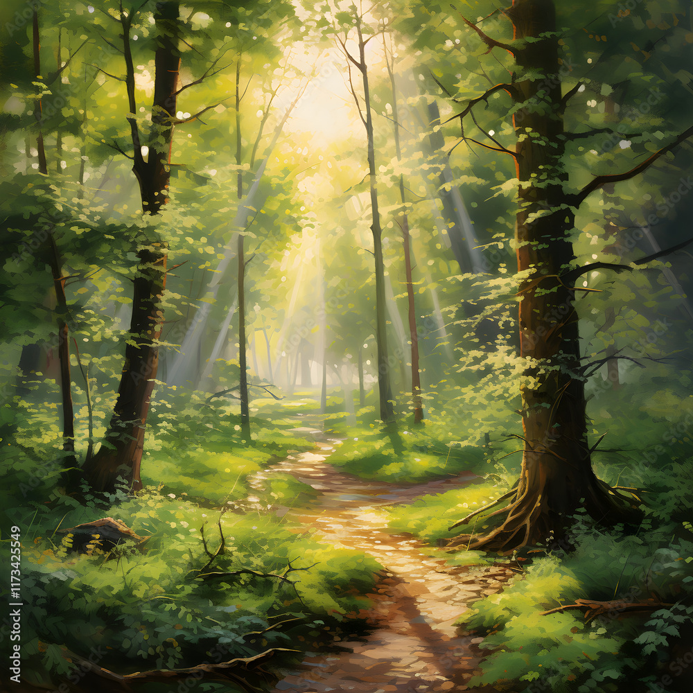 Fototapeta premium Sun-kissed Forest Path: A Lyrical Portrayal of Nature's Tranquility and Timelessness