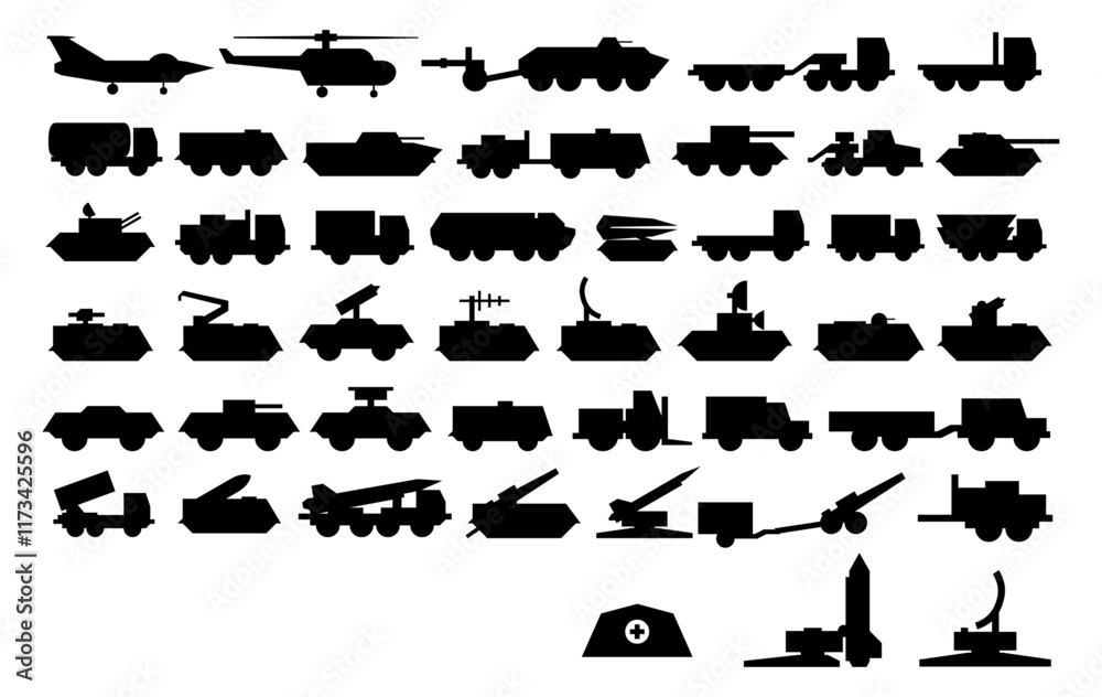 Army vehicles Silhouette Vector Pack graphic drawing illustration for stickers, streetwear, t-shirts, logos, print-on-demand, print, or branding 