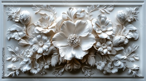 Intricate white floral bas-relief design.