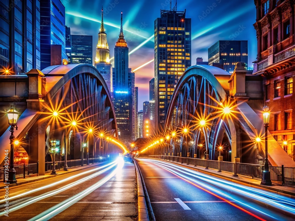 Obraz premium Night City Street Scene with Sleek Bridge, Urban Lights, Busy Street, Cityscape