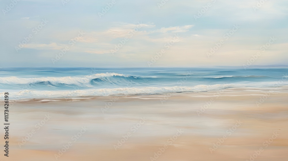 A calming seascape painting depicting gentle waves on a serene beach under a soft, cloudy sky. A calming seascape painting depicting gentle waves on a serene beach under a soft, cloudy sky.