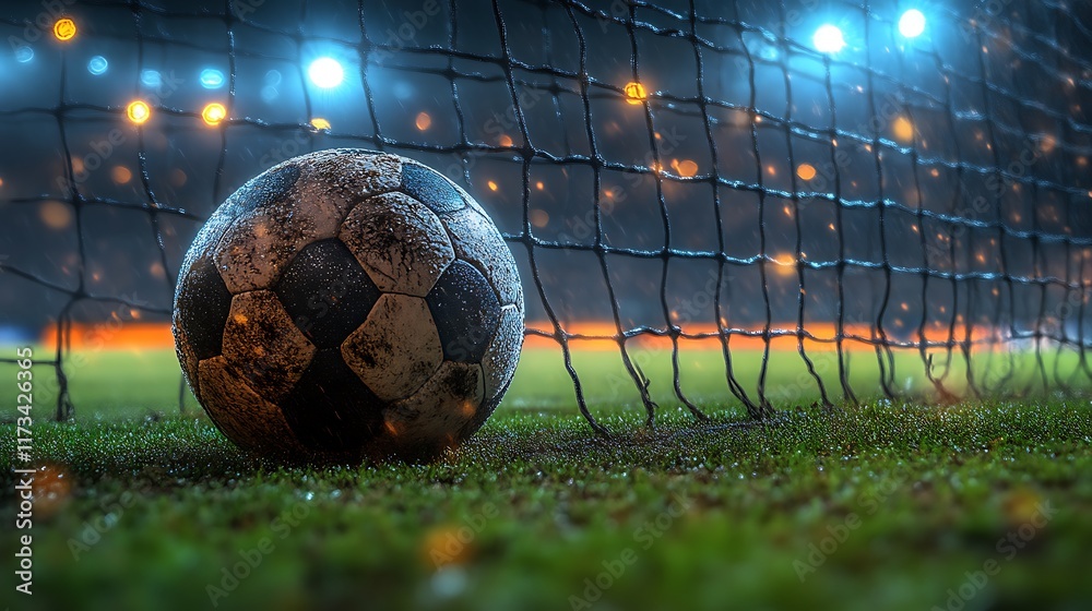 Wet Soccer Ball Beside Goal Net Under Stadium Lights