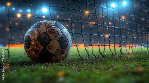 Obraz na płótnie Wet Soccer Ball Beside Goal Net Under Stadium Lights w salonie
