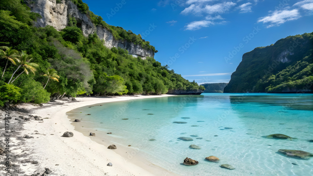Serene Tropical Beach with Clear Water and Lush Greenery Serene Tropical Beach with Clear Water and Lush Greenery