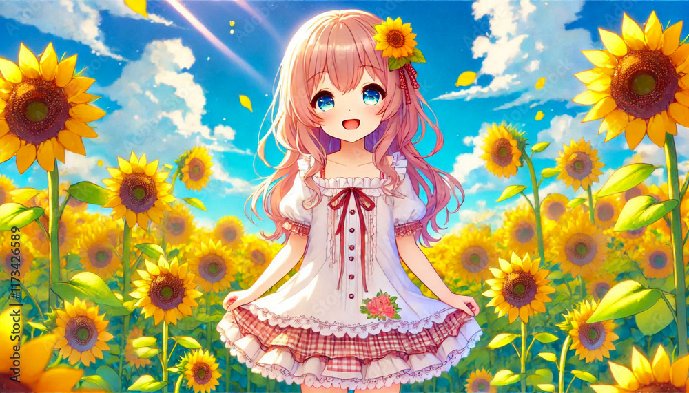 Cheerful Girl in Sunflower Field with Blooming Sunshine and Blue Sky Scene Cheerful Girl in Sunflower Field with Blooming Sunshine and Blue Sky Scene