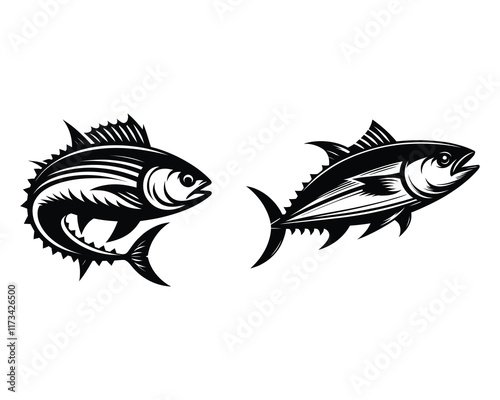 Blackfin Tuna Jumping Vector Illustration, Bluefin Tuna Drawing Set