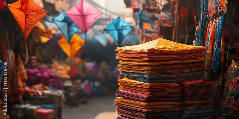 Obraz premium Vibrant Kites Await Flight: Colorful Kites Stacked High in a Bustling Marketplace, Ready for Sale