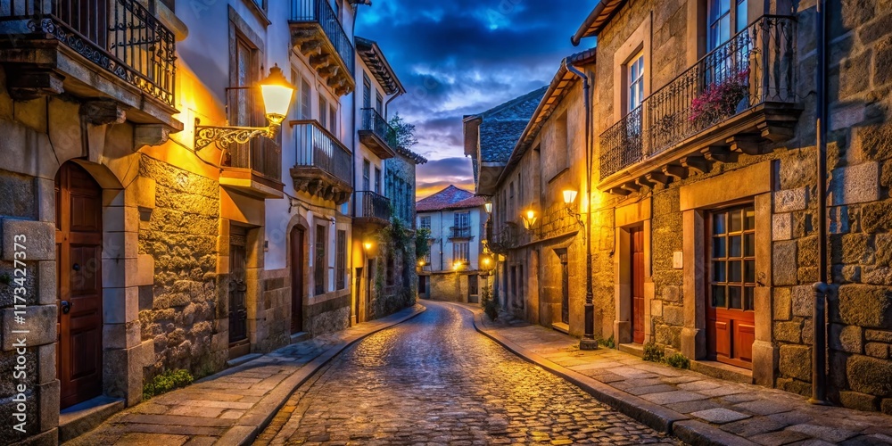 Fototapeta premium Night Photography: Aviles Medieval Street, Carbayedo Neighborhood, Asturias, Spain