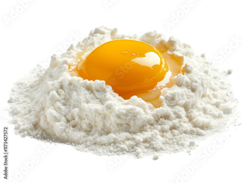 a egg yolk on top of flour against isolated on a transparent background