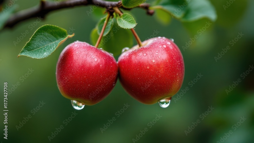Obraz premium Hyper-realistic macro photography of two red apples hanging on a branch, covered in fresh dew drops glistening in soft morning light, with a blurred natural background