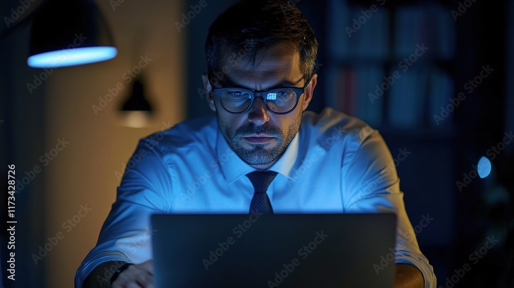 Executive Analyzing Data on Laptop in Modern Office Environment Executive Analyzing Data on Laptop in Modern Office Environment