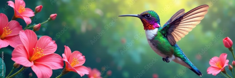 Fototapeta premium Colorful hummingbird amidst blooming flowers, vector illustration, image, bird