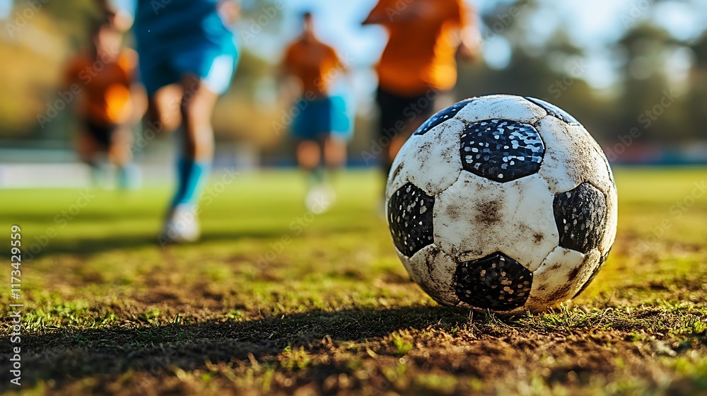 Soccer Ball on Grass with Blurred Players Running