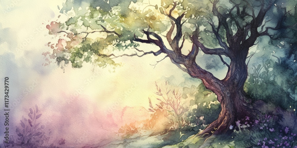 Fototapeta premium Experience the enchanting beauty of a whimsical watercolor painting featuring a luminous tree bathed in soft light, capturing the essence of nature's tranquility.