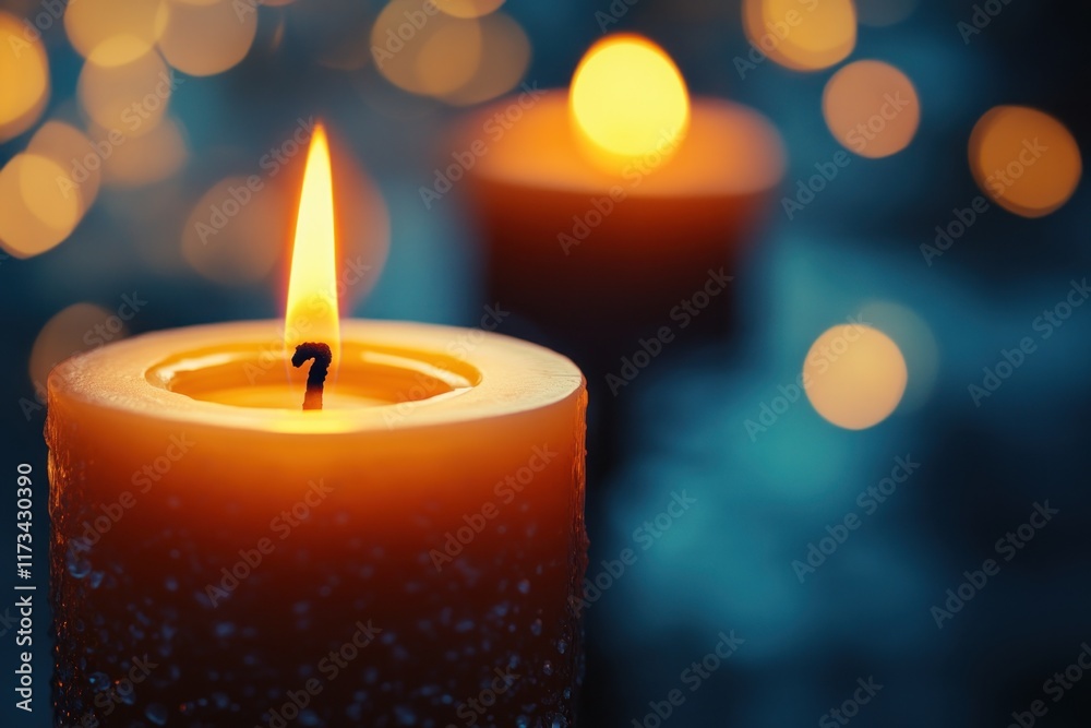 Glowing Candle Flame Creating Warm Atmosphere with Soft Bokeh Background for Relaxation, Meditation, and Peaceful Ambiance in Cozy Home Environment Glowing Candle Flame Creating Warm Atmosphere with Soft Bokeh Background for Relaxation, Meditation, and Peaceful Ambiance in Cozy Home Environment