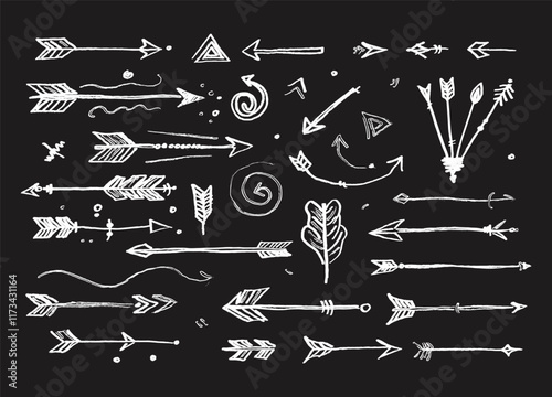 Arrows set freehand chalk, Sign, Symbol, Hand drawn arrow collection. Cursor pointer sign business concept. Handmade doodle vector illustration isolated on black background.