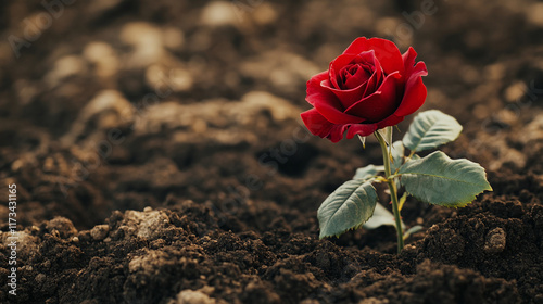 Closeup of red rose growth from dirty earth soil ground, copy space. garden nature agriculture horticulture flower plant care, backyard, environment. photo