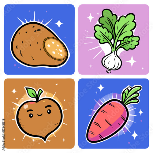 Cute Cartoon Vegetables: Sweet Potato, Turnip, Peach.