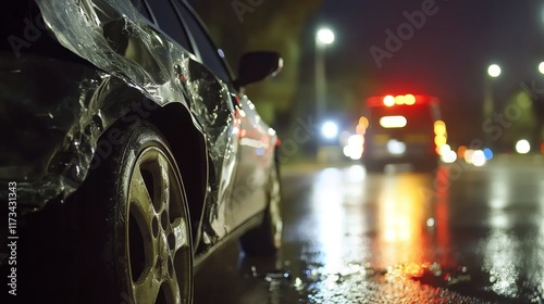 Close-up of a damaged car bumper with shattered glass on a wet road, depicting a car accident scene. Concept of vehicle collision, road safety, and emergency situations.