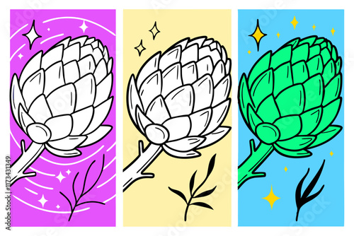 Professional Artichoke Illustrations:  3 Color Variations, Whimsical Line Art.